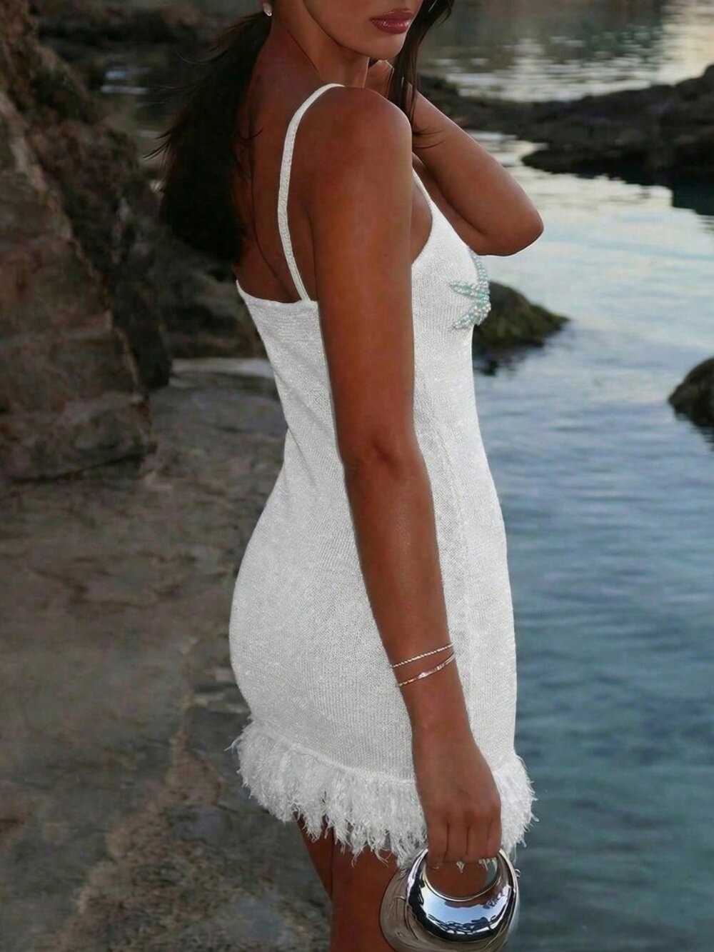 White Casual Women's Spaghetti Strap Starfish Mini Dress with Tassel Hem - Picture 2 of 8